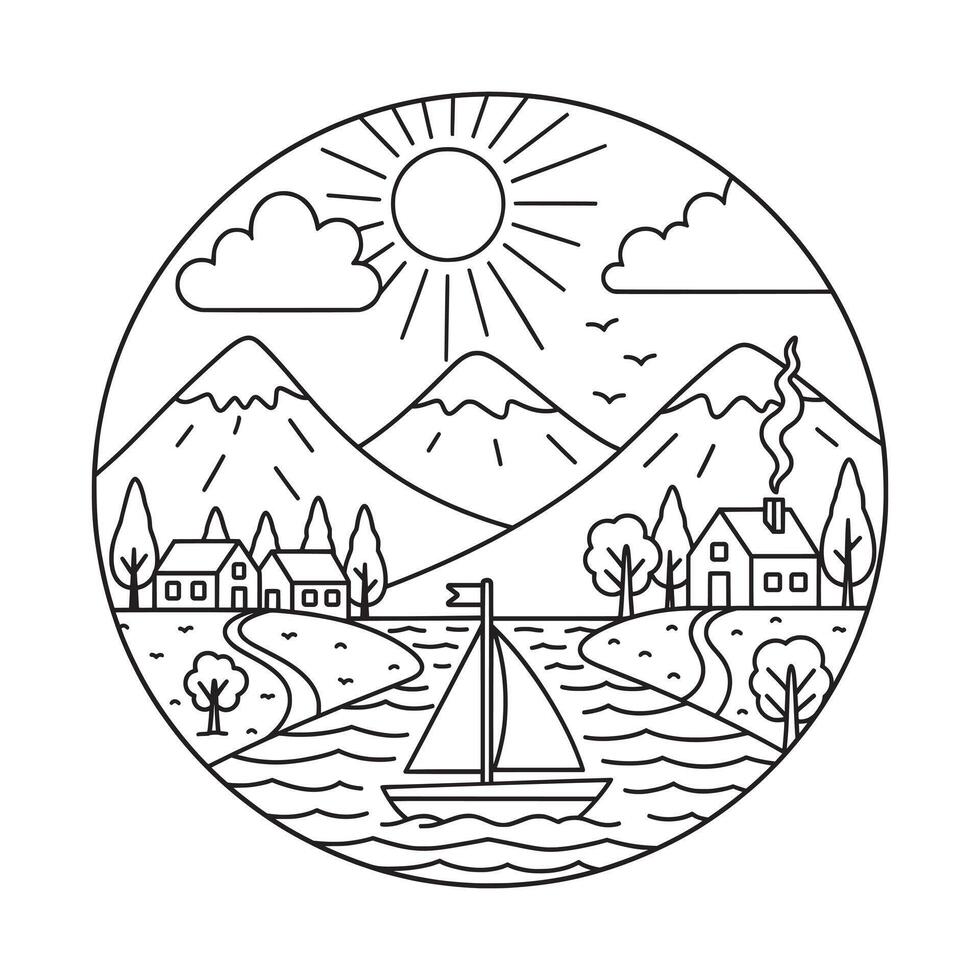 Riverside Mountain And Sun Lineart Illustration vector