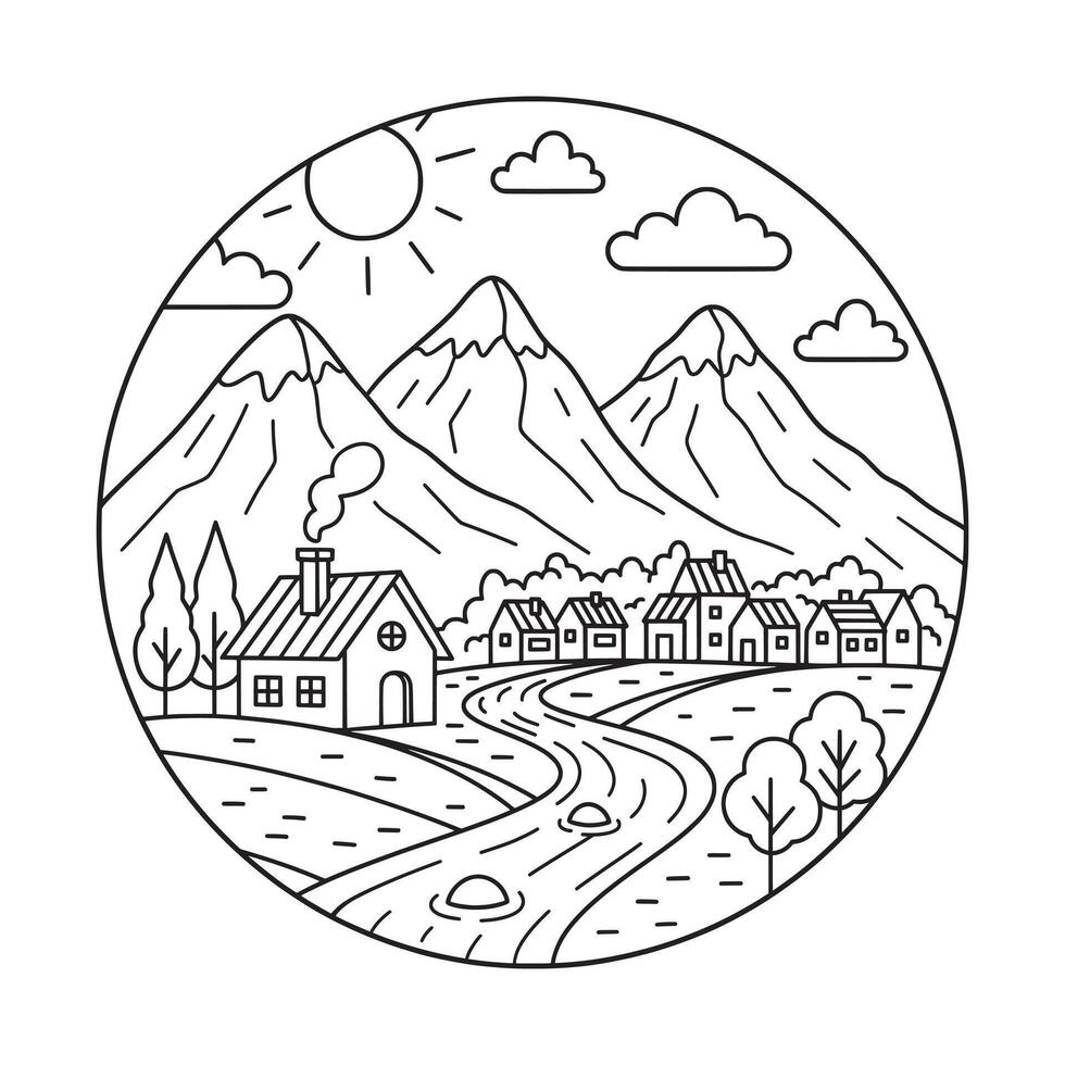 Riverside Village Mountain Lineart Illustration vector