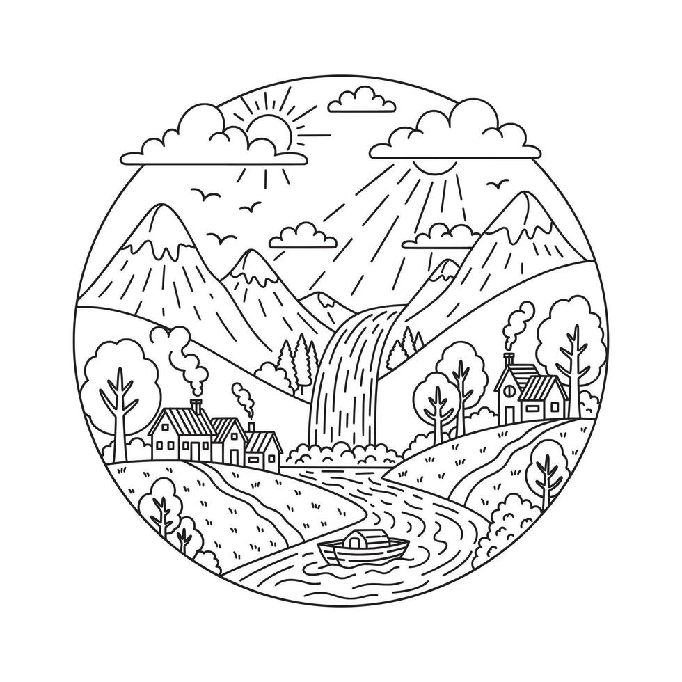 Idyllic Village Lineart Illustration vector