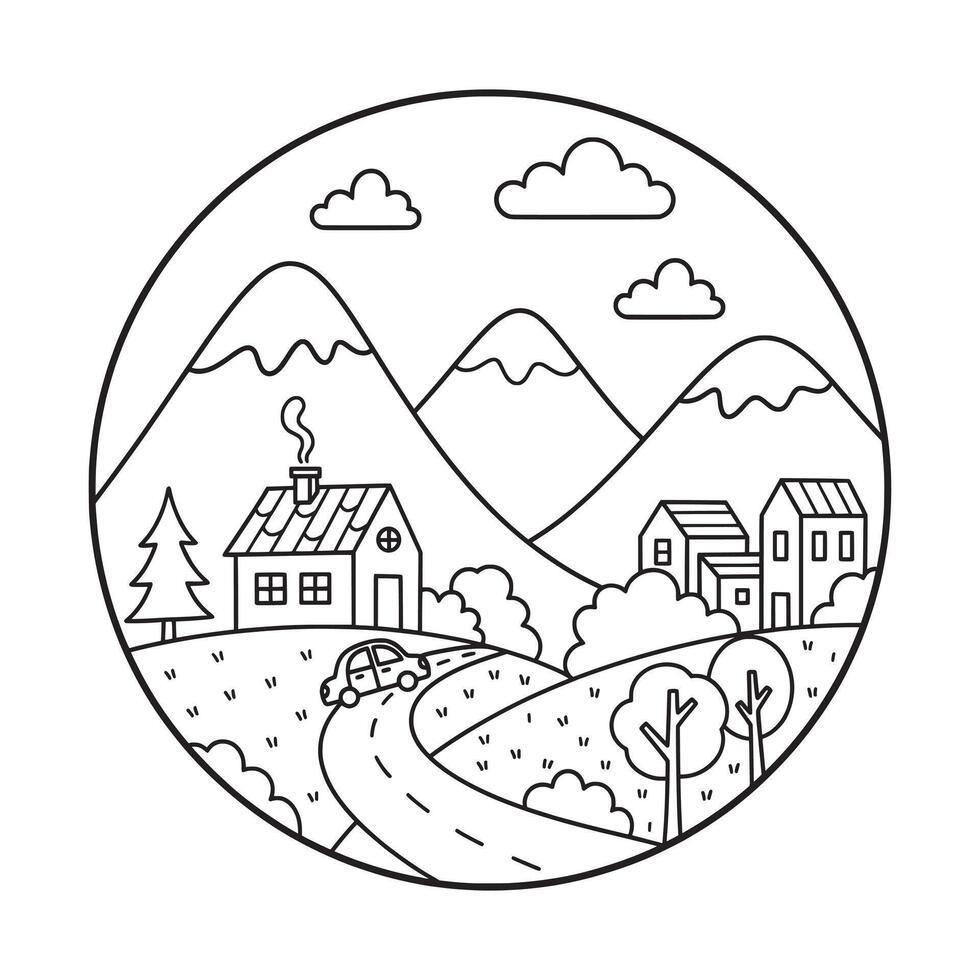 Winding Road to a Mountain Village Lineart vector
