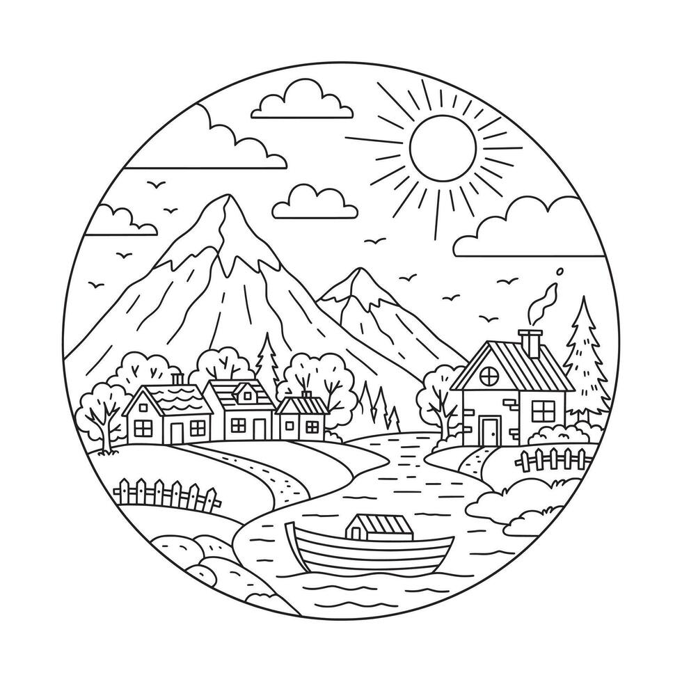 Riverside Mountain Lineart Illustration vector