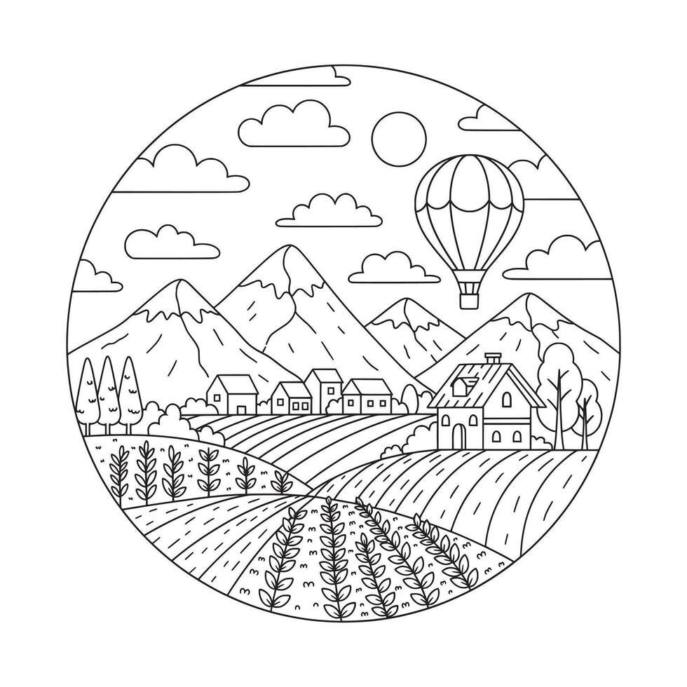 Hot Air Balloon a Farming Village Lineart Illustration vector