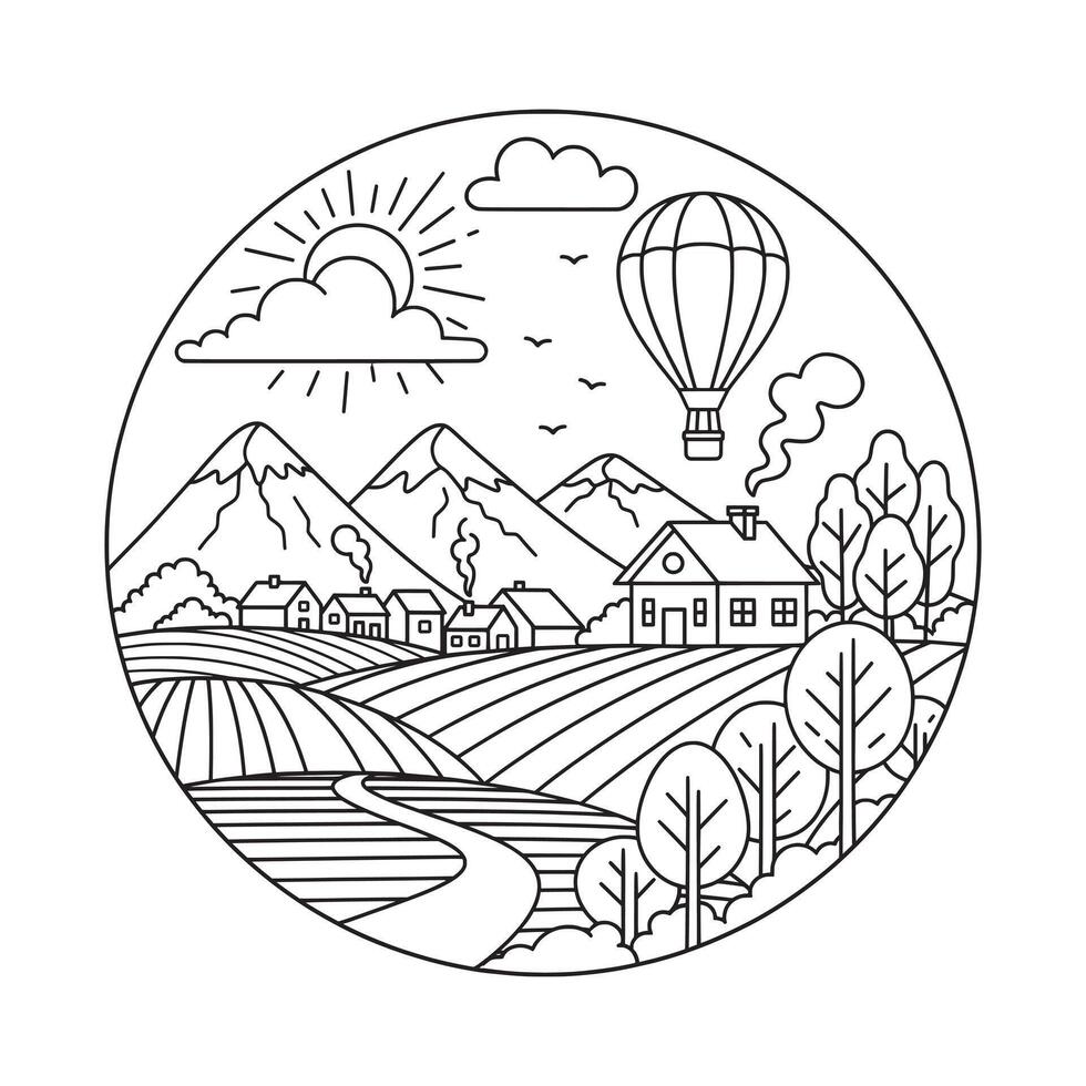 Hot Air Balloon Over a Farming Village Lineart Illustration vector