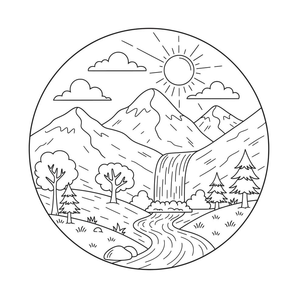Mountain Waterfall Landscape Lineart vector