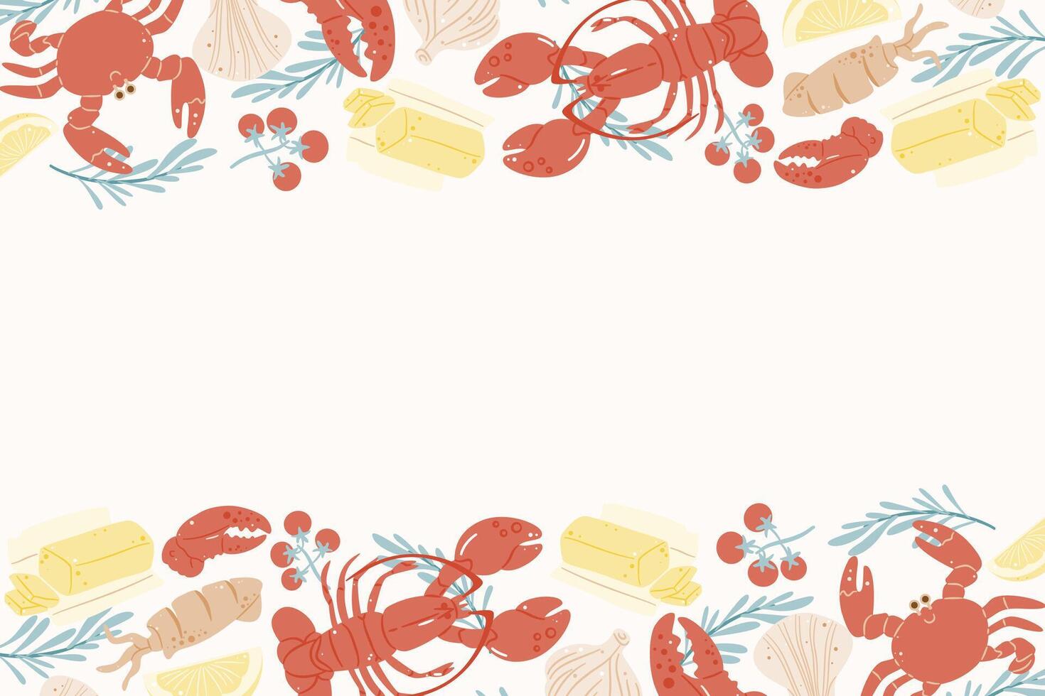 Seafood background with copyspace, Lobster, crab. Illustration isolate on a light pink background. vector