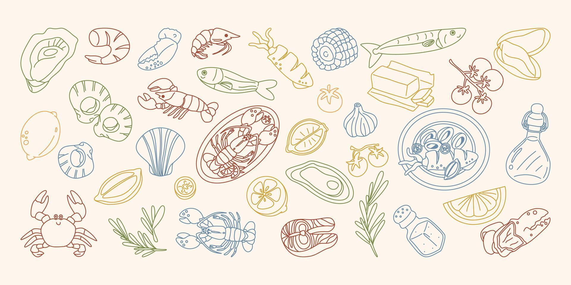 Colorful seafood outline set with fish, lobster, herbs, and lemon. Great for menu, background, banner, wallpaper and coloring page. vector