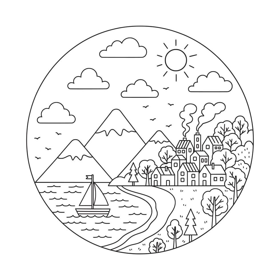 Sunny Coastal Village Mountains Lineart Illustration vector