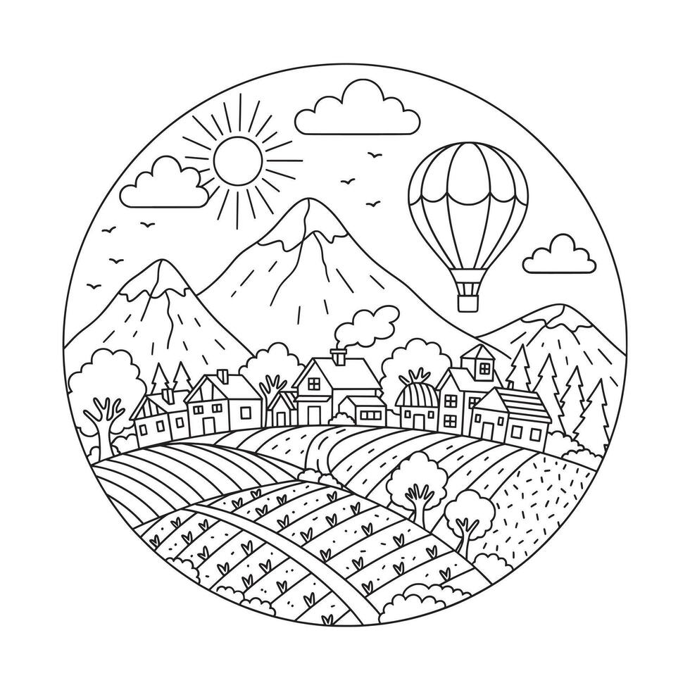 Hot Air Balloon Over a Farming Lineart Illustration vector