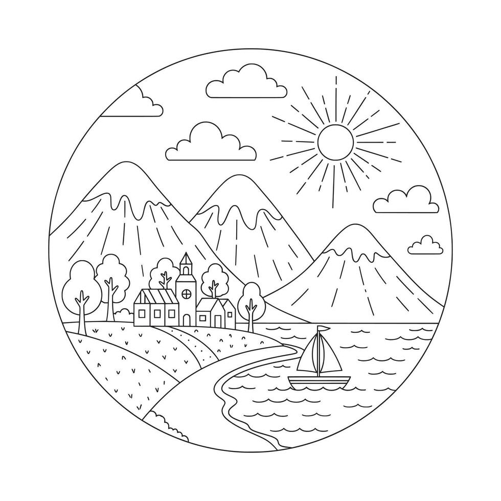 Sunny Coastal Village by the Mountains Lineart vector