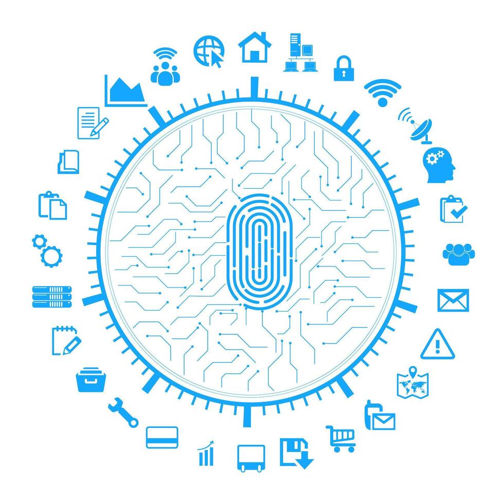 Cloud computing concept with fingerprint and cybersecurity icons, representing data protection, privacy, and digital network security vector