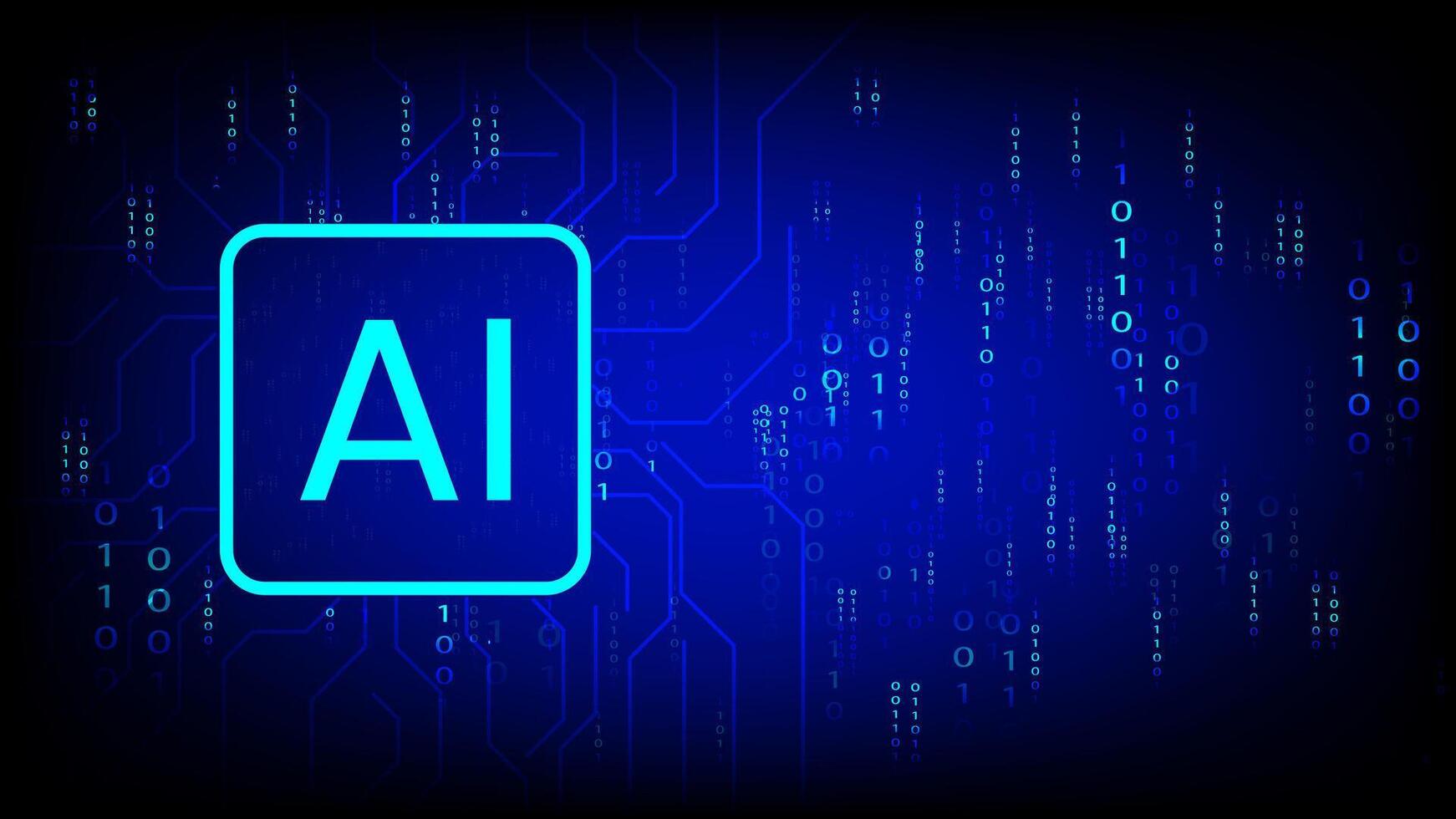 AI symbol glowing over a digital circuit background with binary code stream, representing artificial intelligence, data processing, and futuristic technology vector