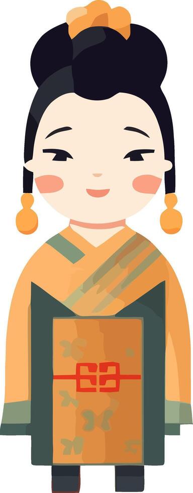 Chinese woman in traditional dress with colorful accessories standing against a plain background vector