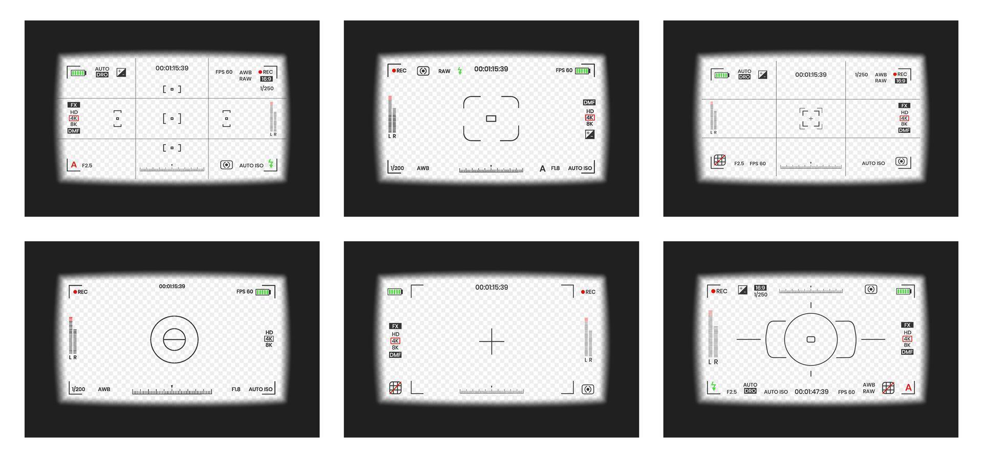 Camera viewfinder or photo frame recorder flat design illustration set. vector