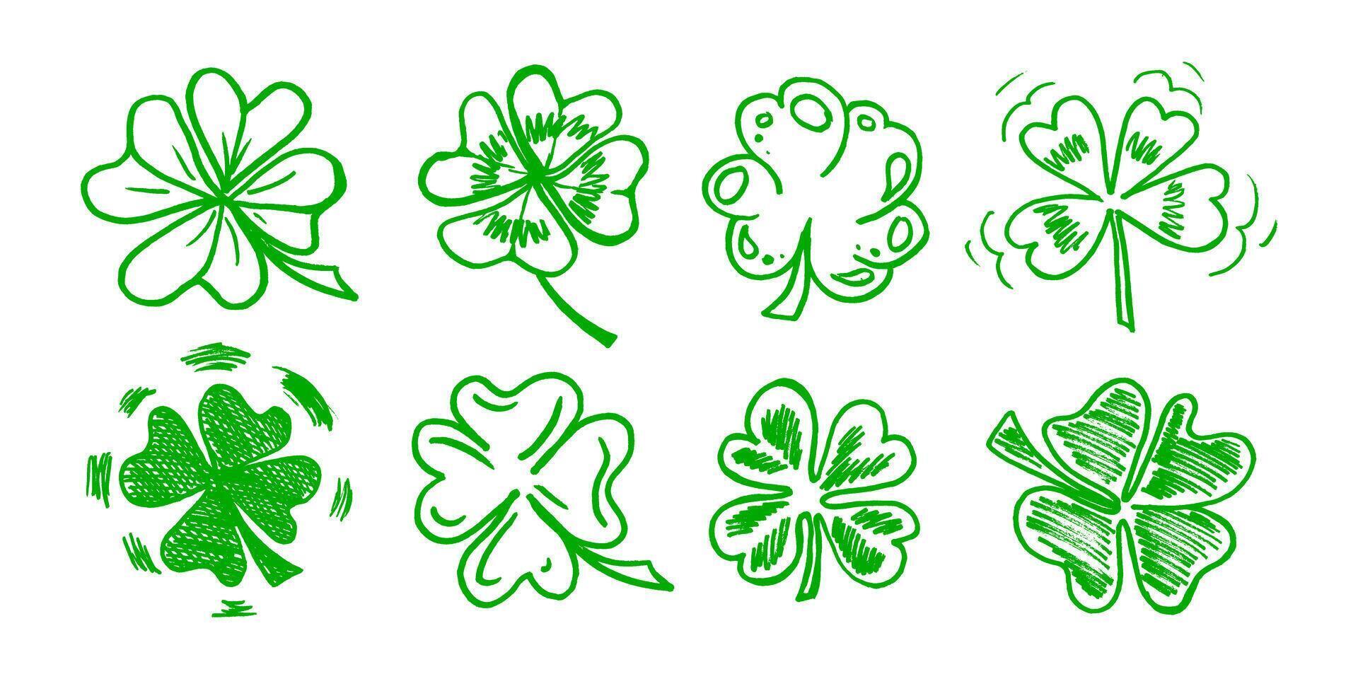 Lucky four, three clover shamrock leaf icon hand drawn illustration set. vector