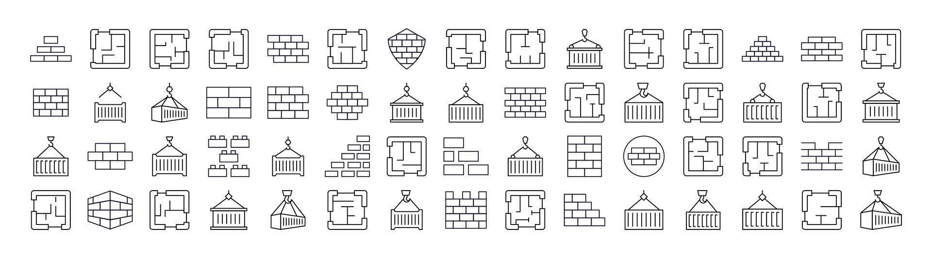 Set of Brick Wall, Floor Plan, Building Related Line Icons. Outline Signs for Graphic and Web Design, Apps, Adverts, Various Cards vector