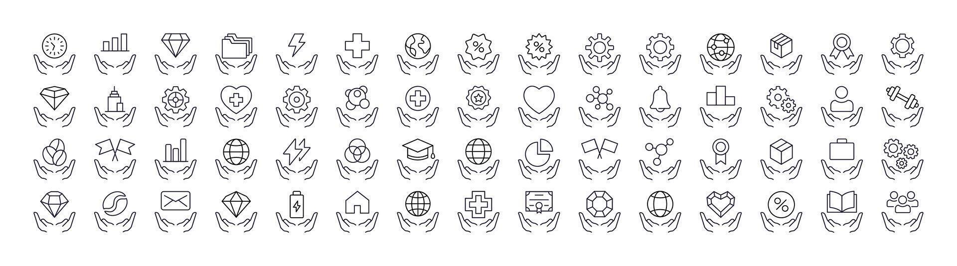 Collection of Charity Related Line Icons. Time, Gem, Health etc over Open Hand Outline Signs for Graphic and Web Design, Apps, Adverts, Various Cards vector