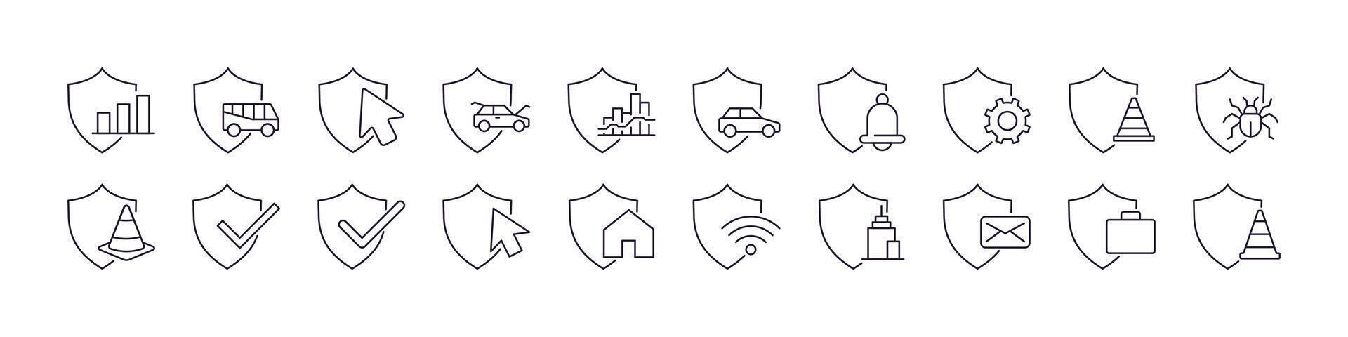 Pack of Line Icons of Shield, Defence, Insurance. Minimalistic Linear Pictogram for Web and Graphic Design, Apps, Banners, Social Network and Cards vector