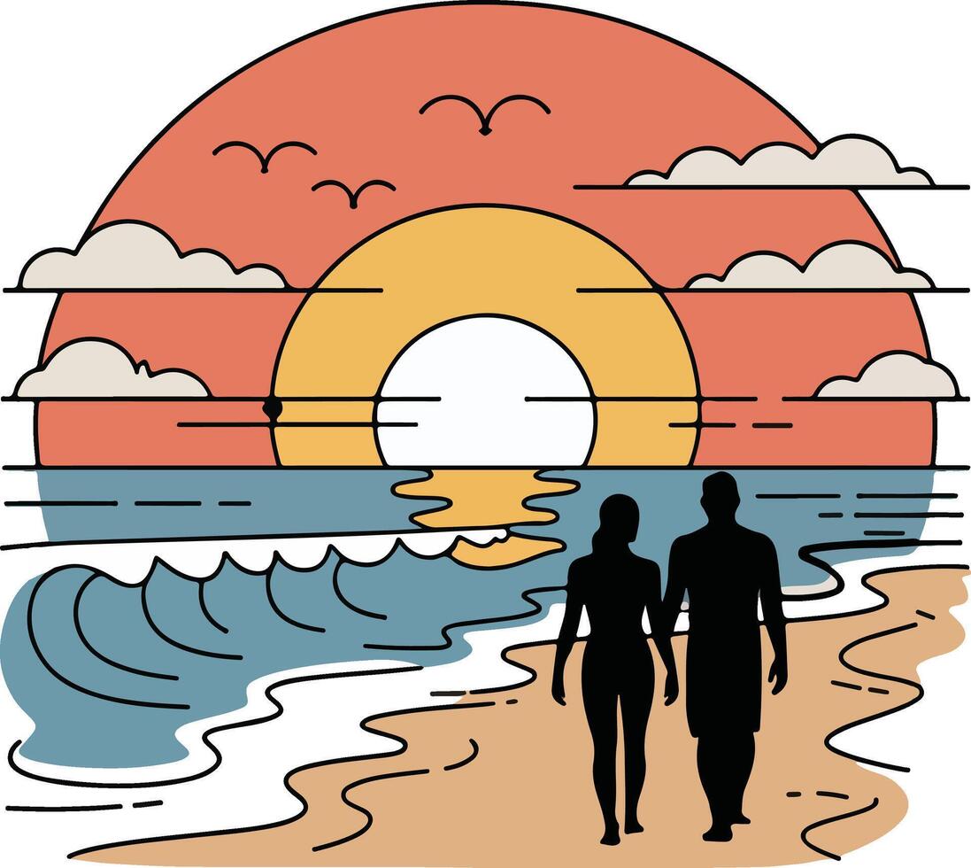 A couple walking on the beach at sunset vector