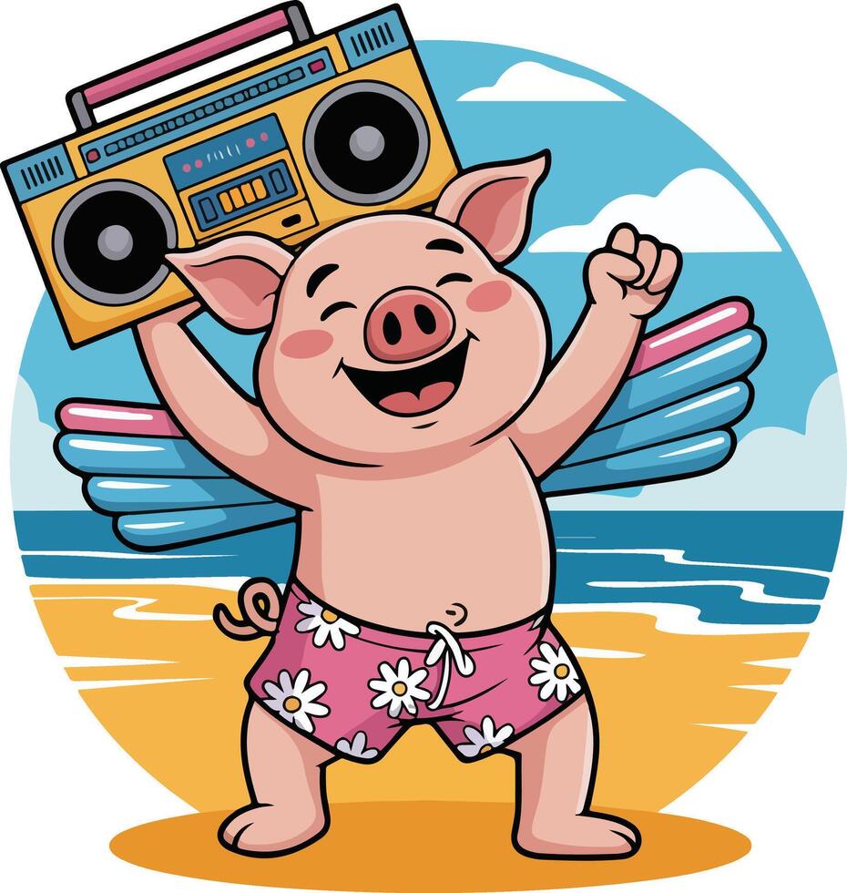 A cartoon pig with wings and a boombox on the beach vector