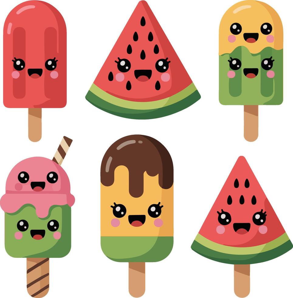 Watermelon ice cream pops set vector