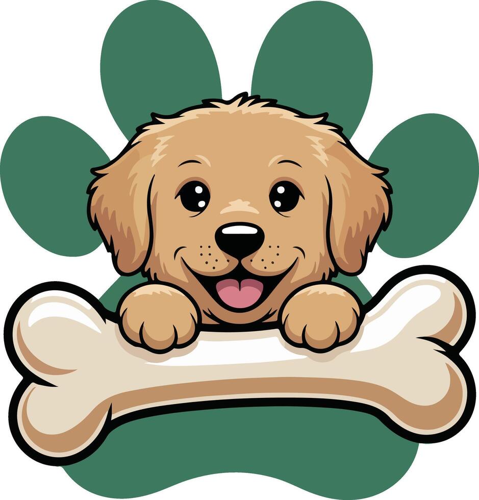 A cartoon golden retriever dog with a bone in its paw vector