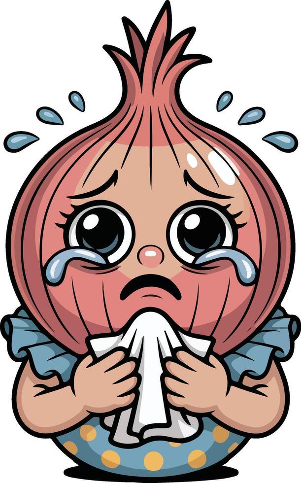 A cartoon onion crying and holding a tissue vector