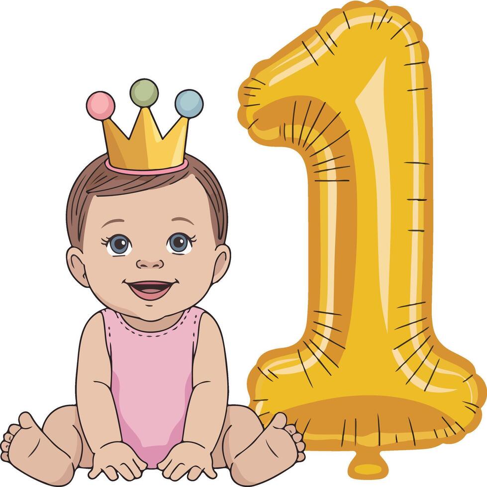 A baby girl with a gold number one balloon vector