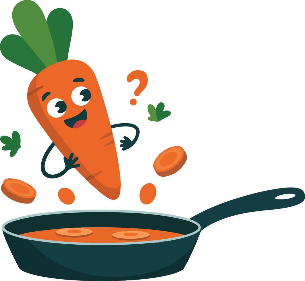 Cartoon carrot with question mark and spoon in pan vector