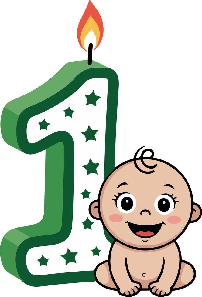 A cartoon baby with a green candle and number one vector