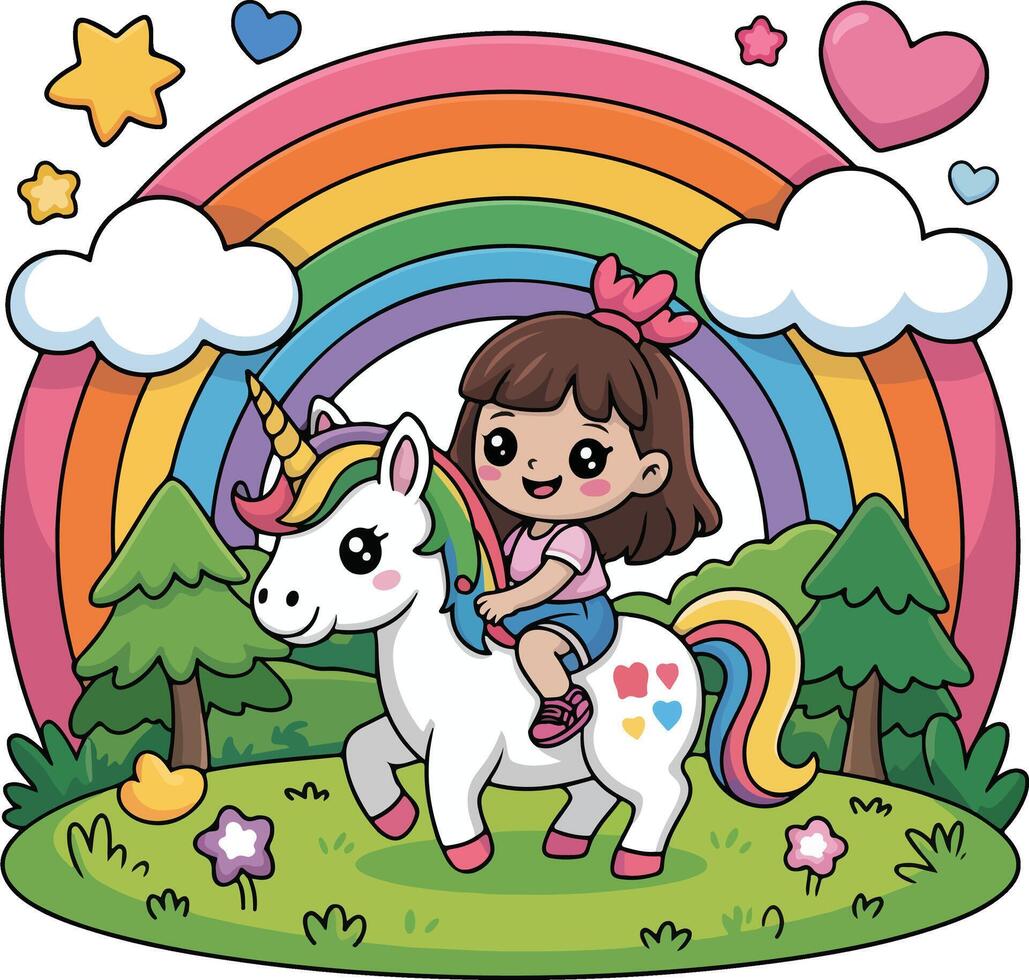 Cartoon girl riding on unicorn in the field with rainbow vector