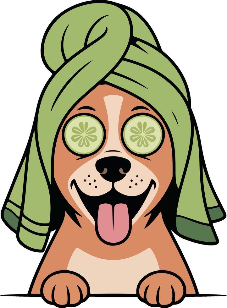 Dog with towel and cucumber on head vector