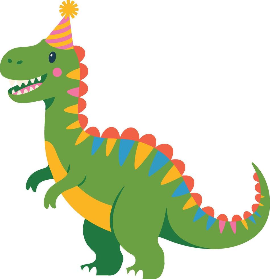 A cartoon dinosaur with a birthday hat on vector