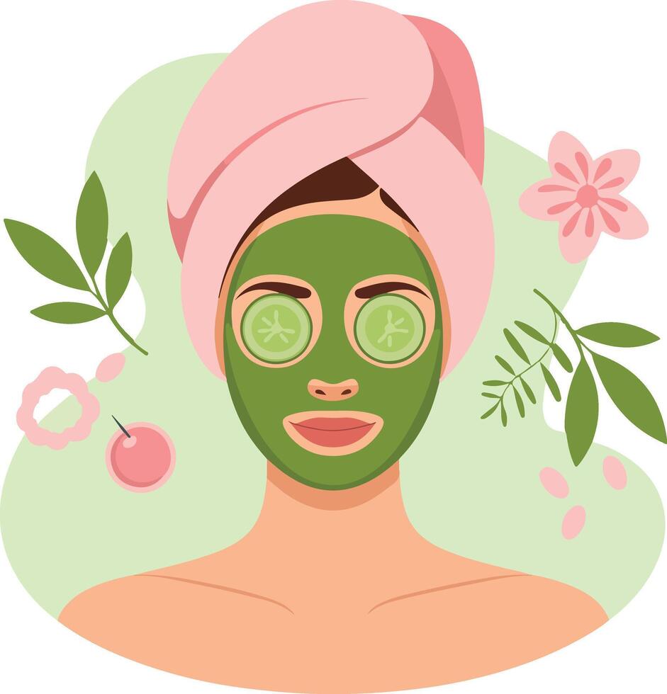 A woman with green face mask and flowers vector