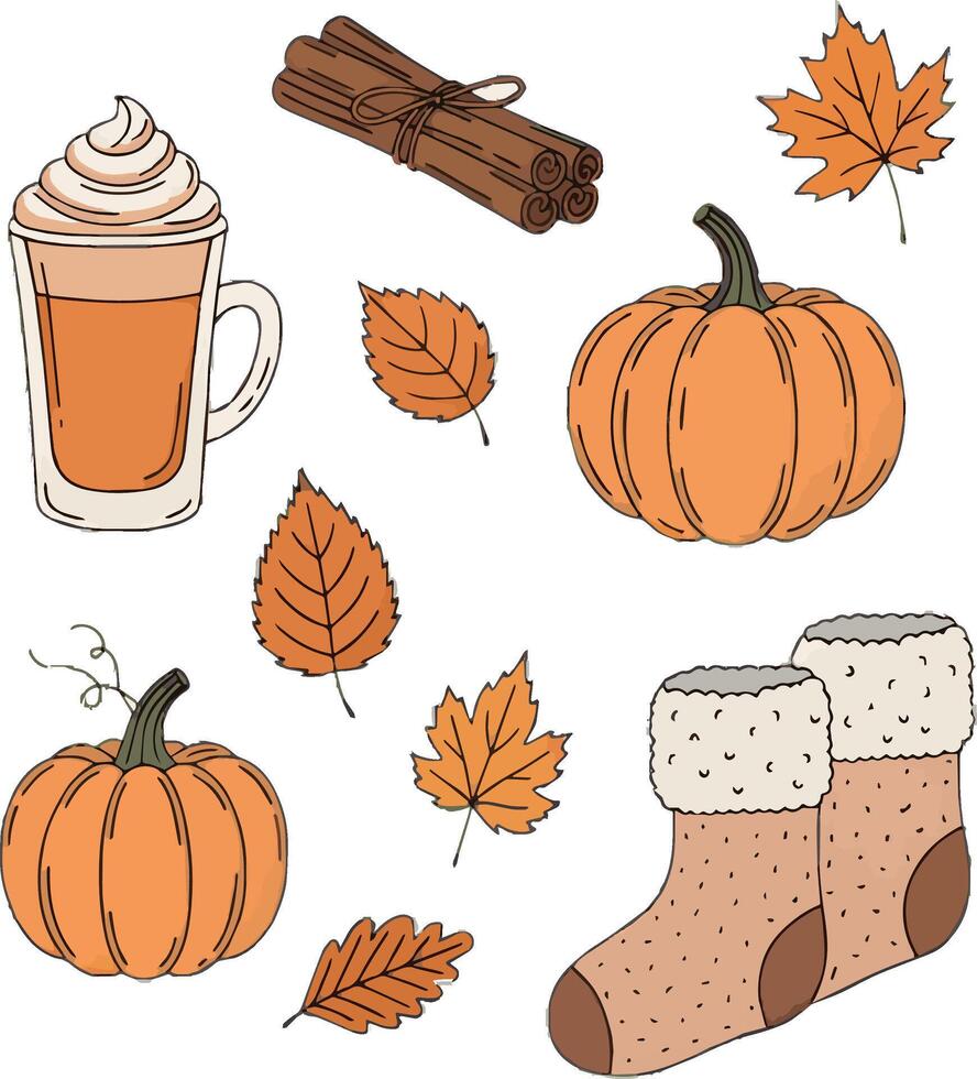 Hand-drawn doodle-style with cozy autumn elements vector