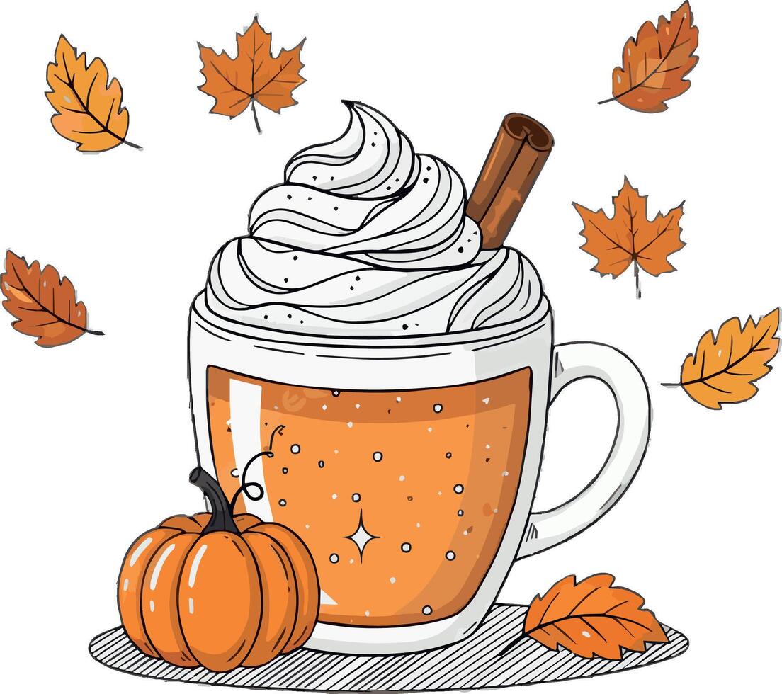 a cup of coffee with whipped cream and pumpkin leaves vector
