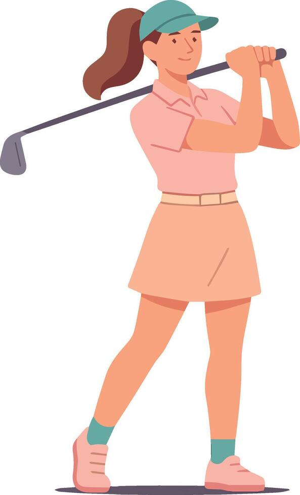 a woman in a pink skirt and a cap is playing golf vector