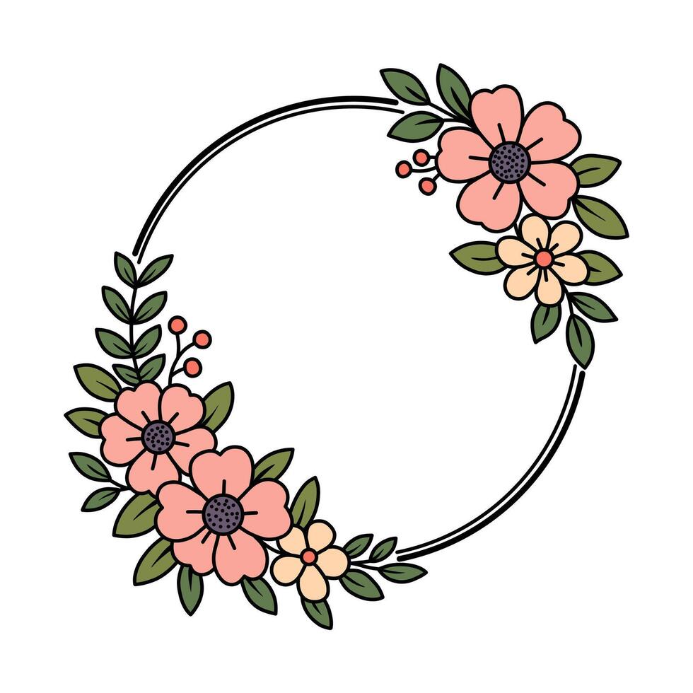 Floral wreath with pink and cream flowers, green leaves, and red berries on a white background vector