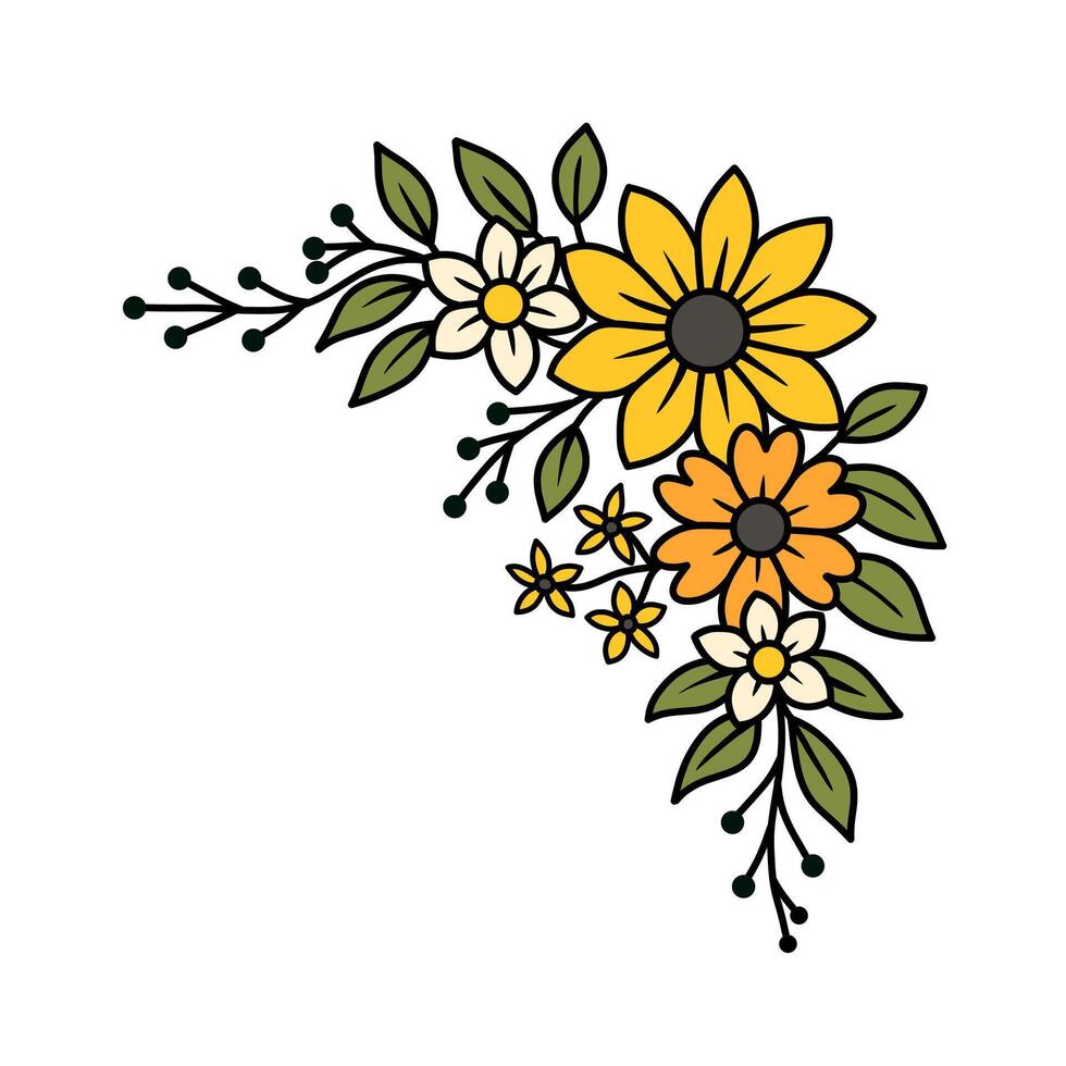 Colorful Floral Corner Design with Sunflowers, Daisies, and Green Leaves on White vector
