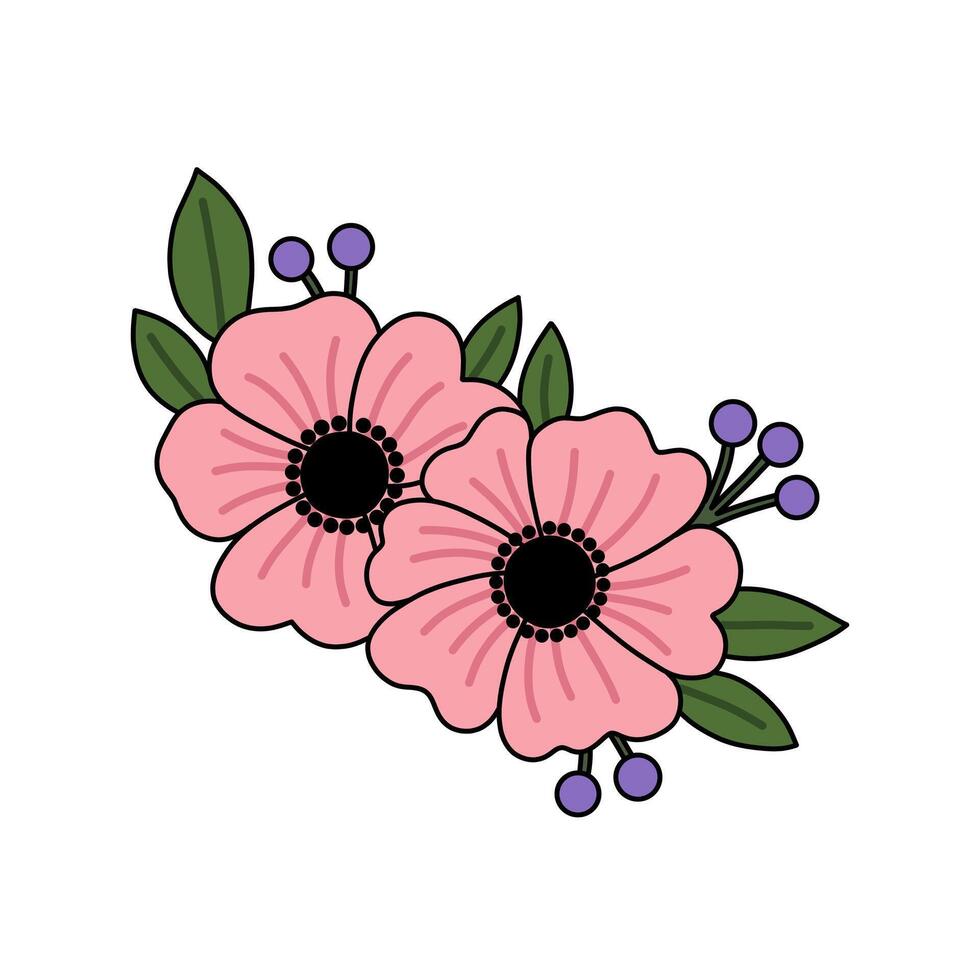 Beautiful Floral Illustration with Pink Flowers and Green Leaves on White Background vector