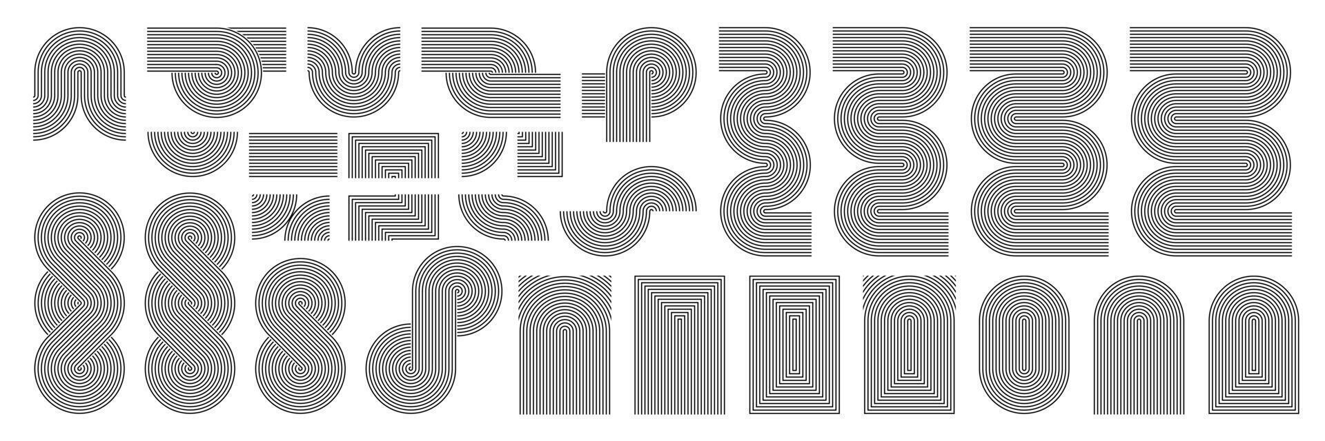 Concentric line art deco pattern. Curved japanese garden abstract zigzag, knot shape and circle spiral moon. Endless retro black eternity, geometric undulate zen arch art. Wavy organic graphic element vector