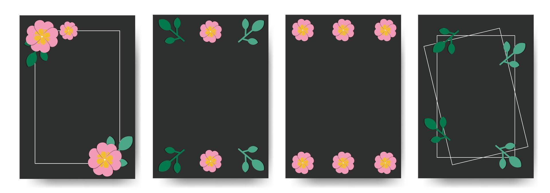Frame poster set decorated with leaves on flowers. Graphic templates for banner, social media, flyer, invitation card. vector