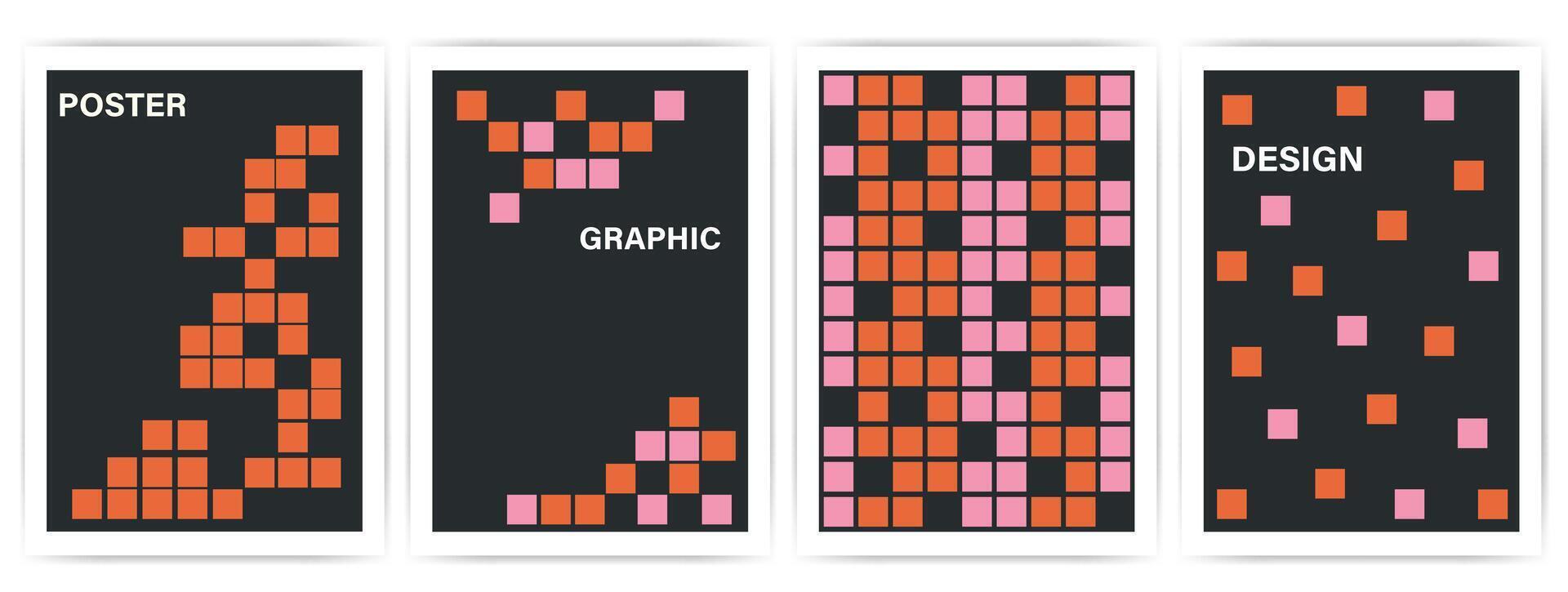 Graphic poster background set. Cover template collection in pixel art style. Ideal design for social media, brochure, banner, flyer. vector