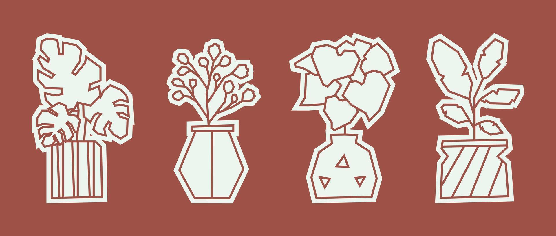 Set of Four Potted Plants in White Filled Icon Style of Monstera, Flowering Plant, Bushy Leaves, and Leafy Pot vector