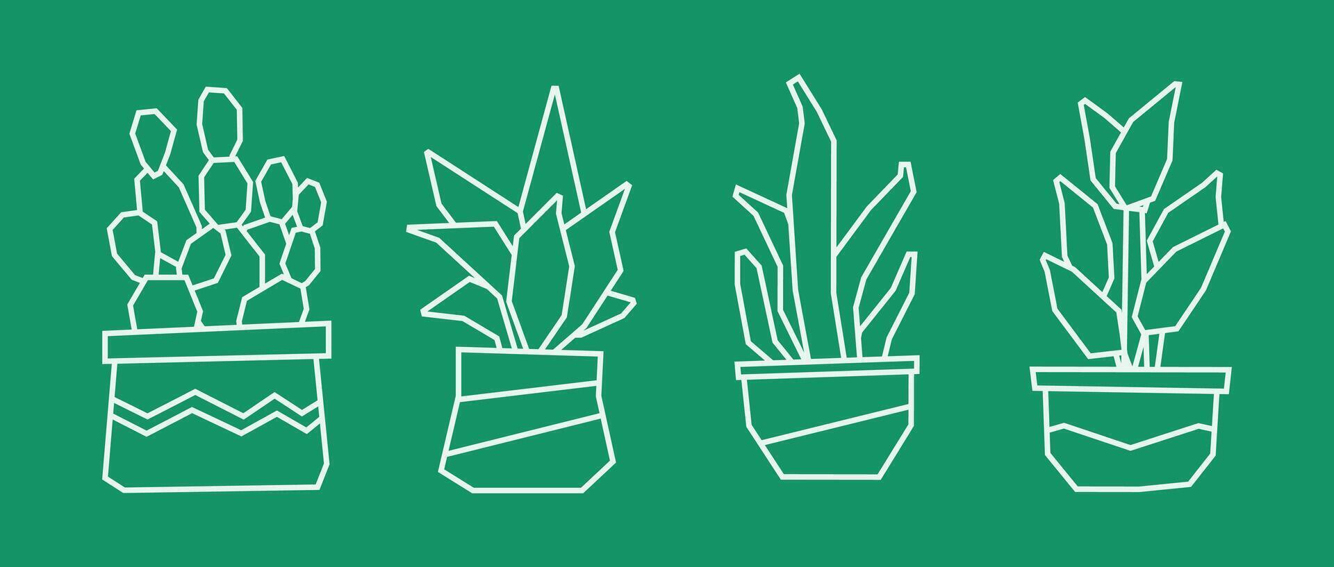 Set of Four Potted Plants in White Line Art Icon Style of Cactus, Succulent, Tall Leaf Plant, and Tropical Pot vector