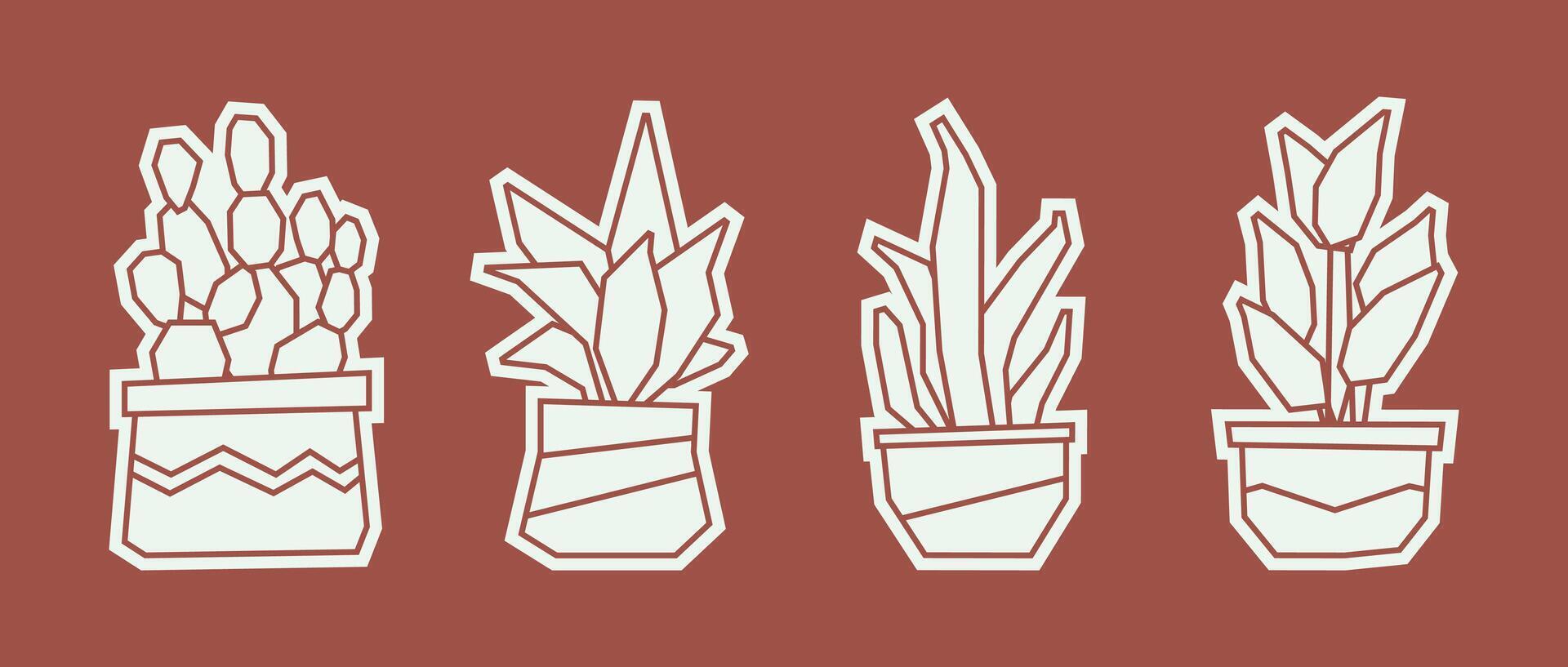 Set of Four Potted Plants in White Filled Icon Style of Cactus, Succulent, Tall Leaf Plant, and Tropical Pot vector
