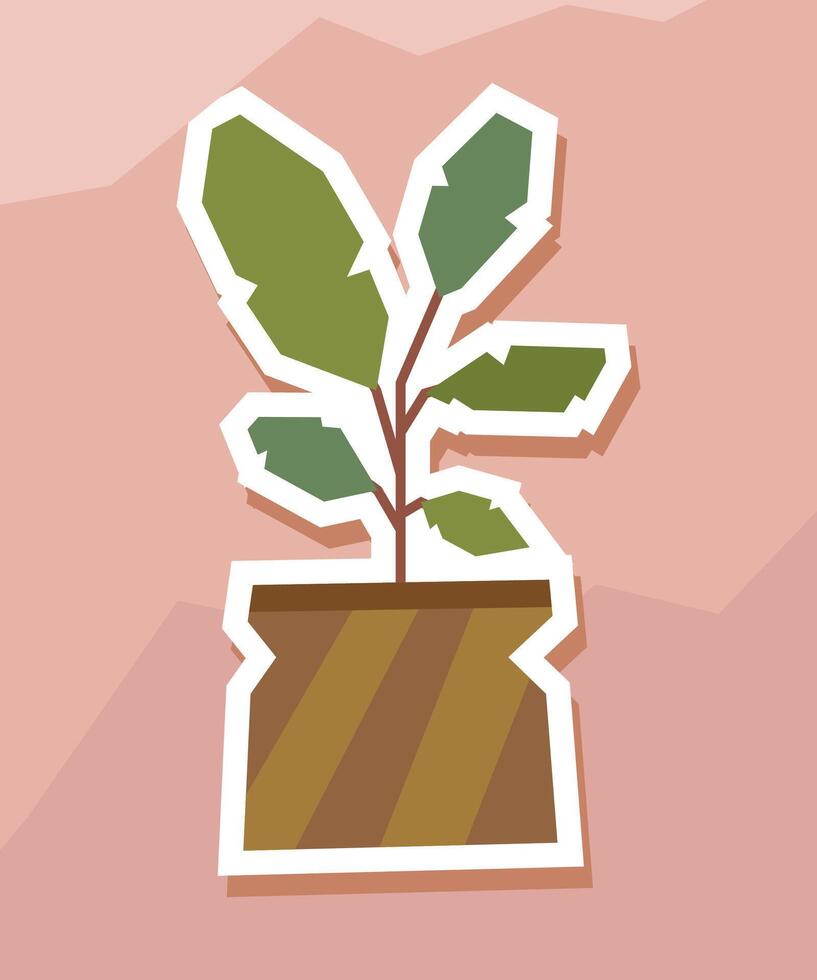 Leafy Indoor Plant Sticker in Modern Pot with Bold White Outline vector
