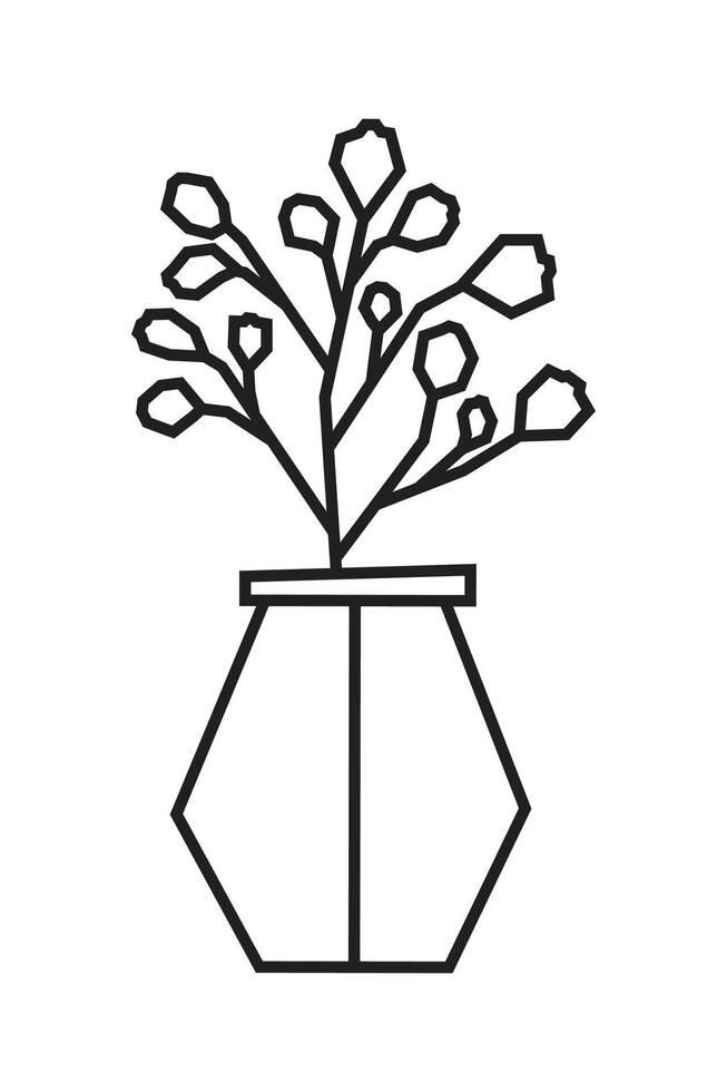 Flowering Potted Plant with Berries in Black Outline Style vector