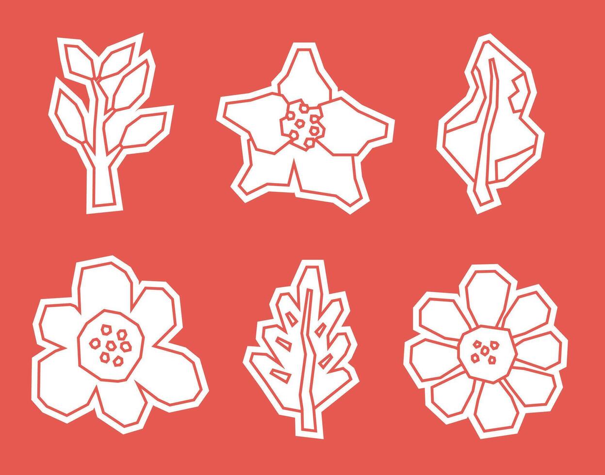 White Filled Flowers and Leaves Icon Set in Cutout and Simple Style vector