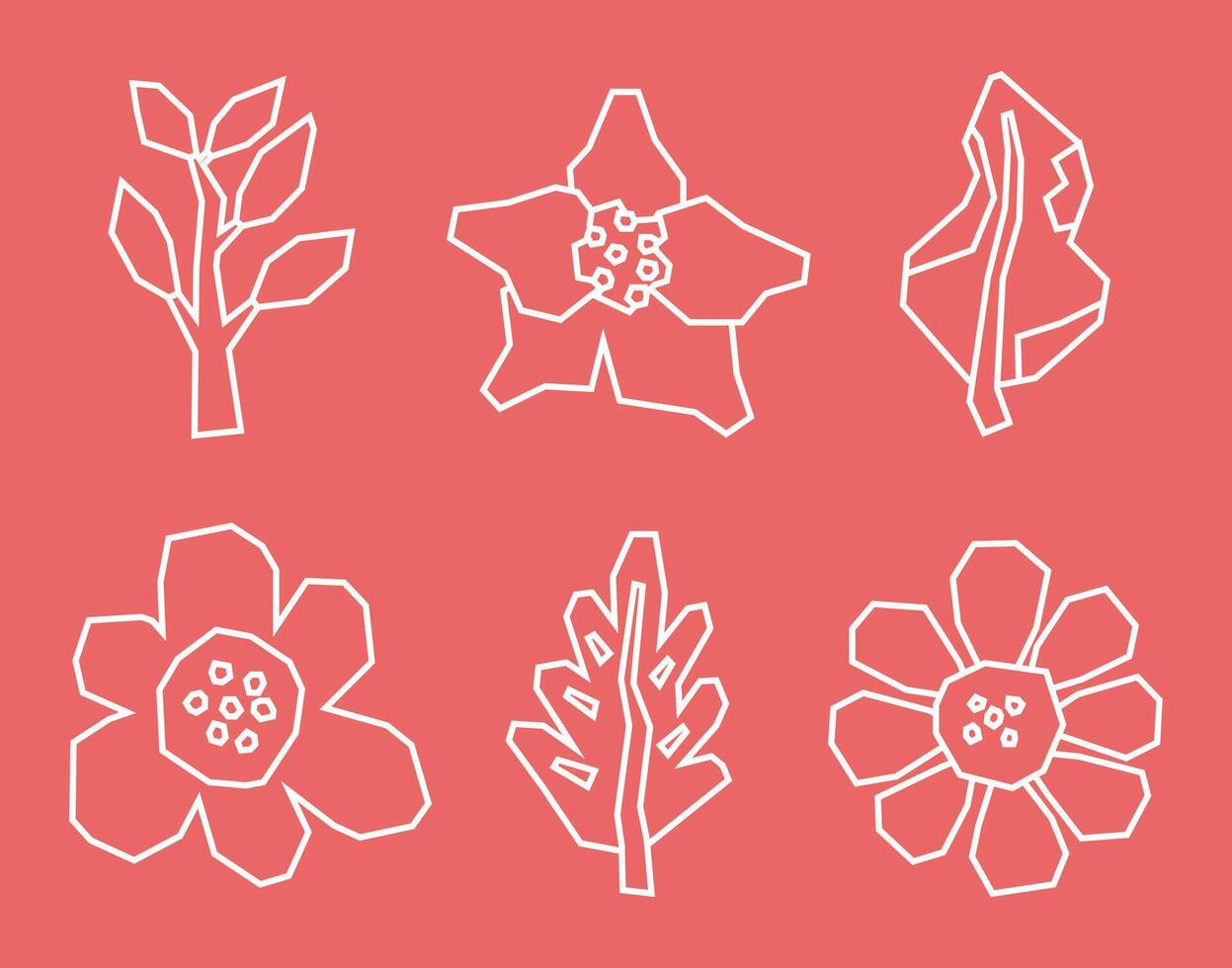 White Line Art Flowers and Leaves Icon Set in Cutout and SimpleStyle vector