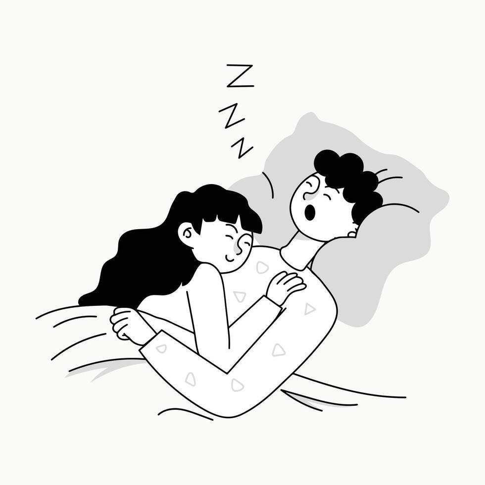 Peaceful cuddle sleep couple drawing. vector